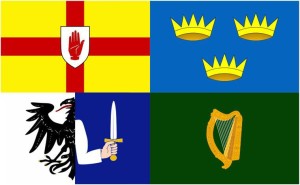 Le nouveau drapeau Irlandais, représentant les 4 provinces ; de haut en bas et de gauche à droite : l’Ulster, le Leinster, le Connacht et la Guinness.